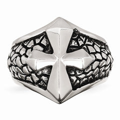 Stainless Steel Men's Antiqued Cross Caviar Ring with Polished Finish - 9 - 9