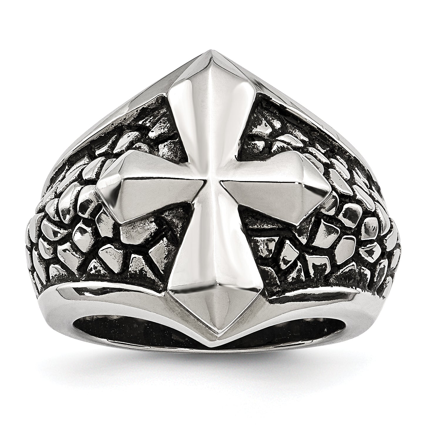 Stainless Steel Antiqued Polished and Textured Cross Ring Main image