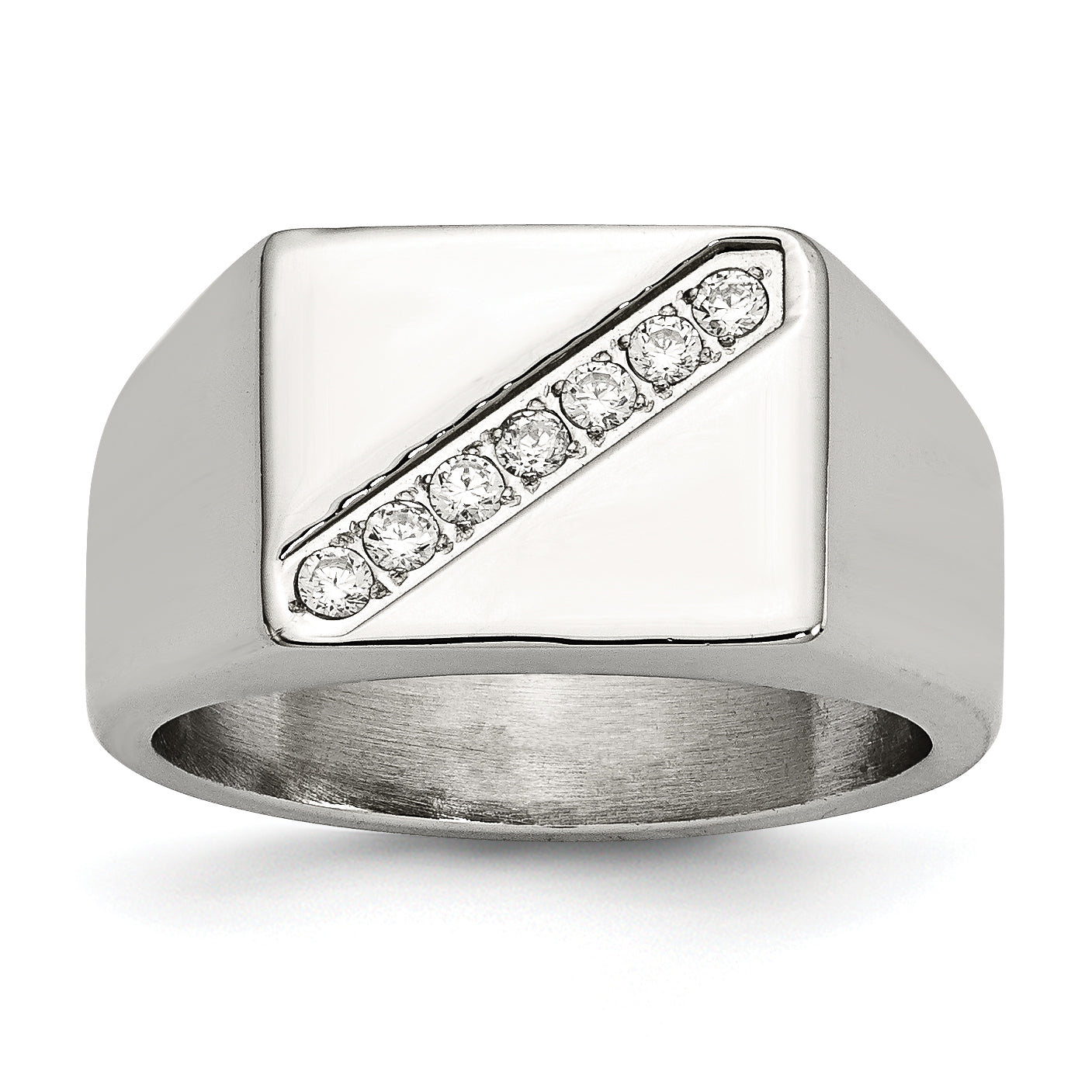 Stainless Steel Polished WithCZ Signet Ring