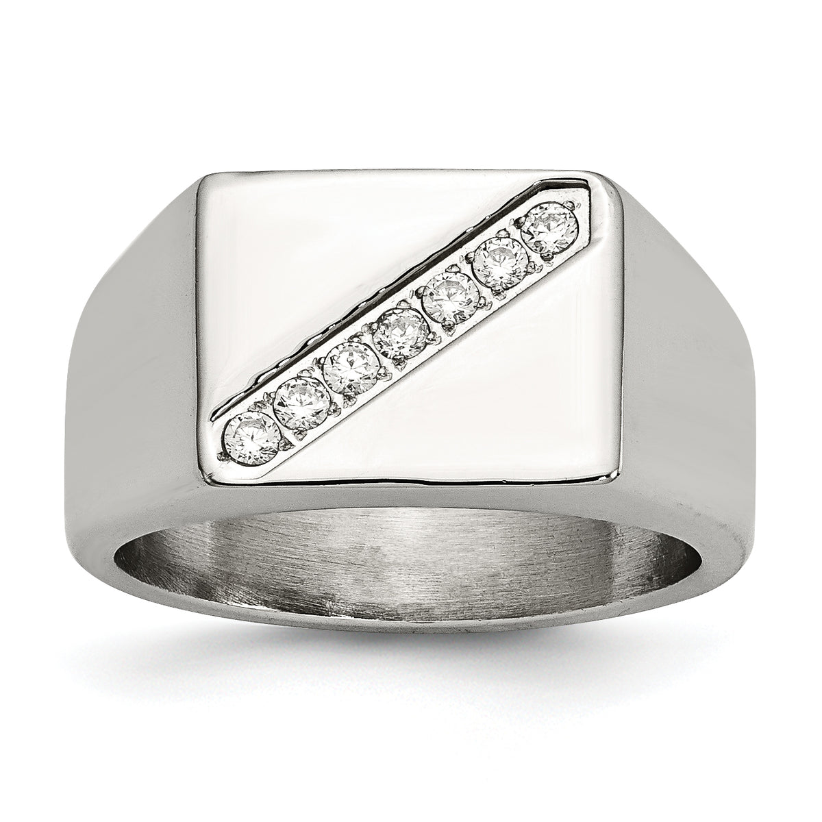 Stainless Steel Polished WithCZ Signet Ring