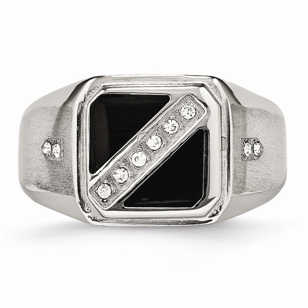 Stainless Steel Satin & Polished w/Black Enamel CZ Ring