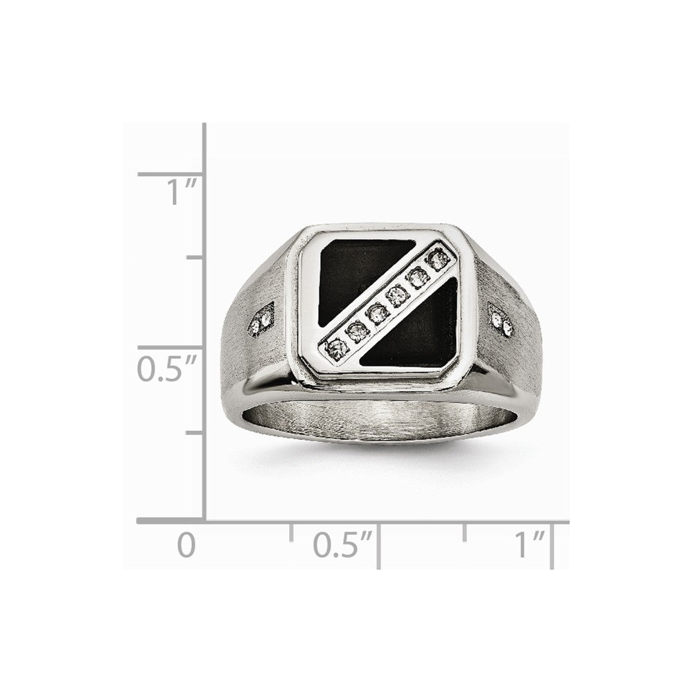 Stainless Steel Satin & Polished w/Black Enamel CZ Ring