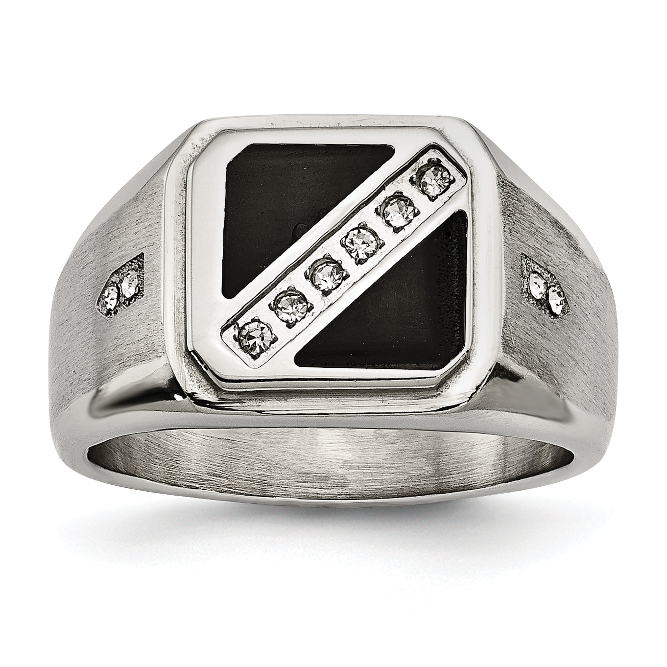 Stainless Steel Brushed and Polished with Black Enamel CZ Ring