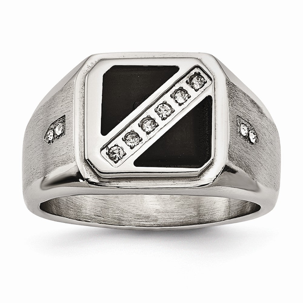 Sophia Jewelers Men's Polished Stainless Steel Ring with Black Enamel & CZ - 9