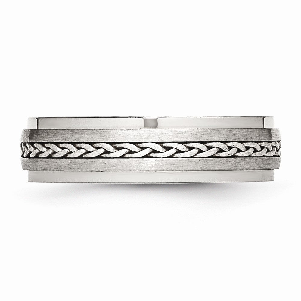 Stainless Steel Wedding Band with Silver Braid Inlay and Polished Finish - 8