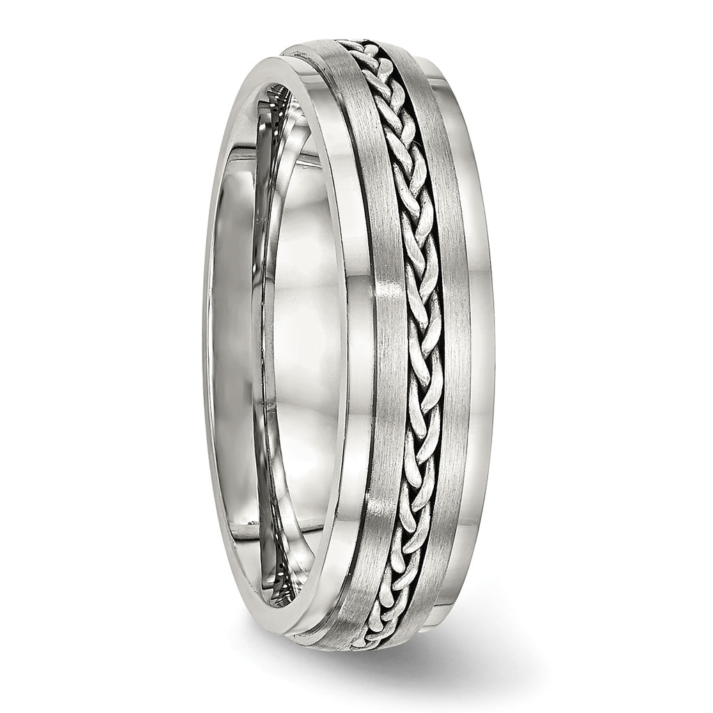 Stainless Steel WithSterling Silver Braid Inlay Brushed/Polished 6mm Band