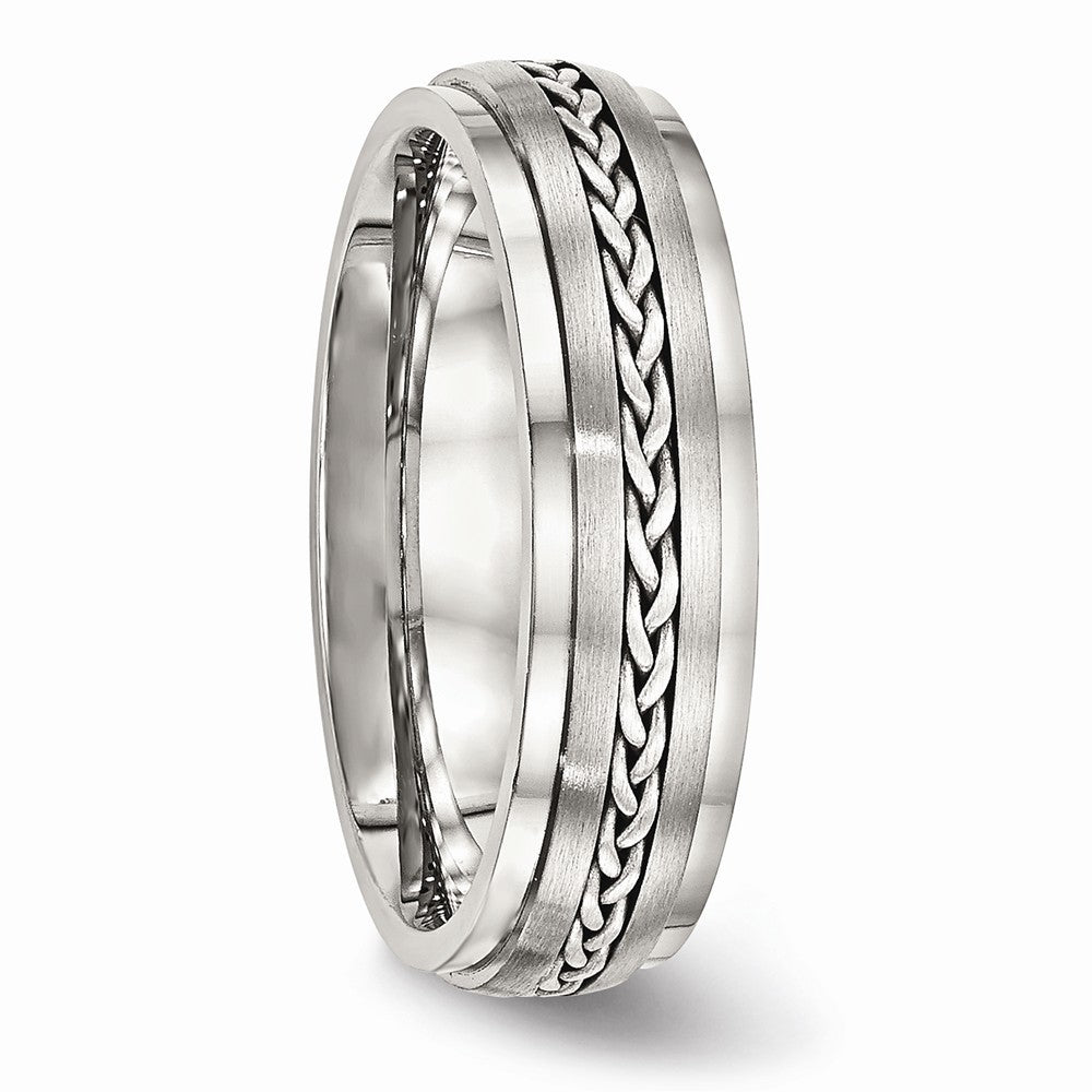 Stainless Steel Wedding Band with Silver Braid Inlay and Polished Finish - 8