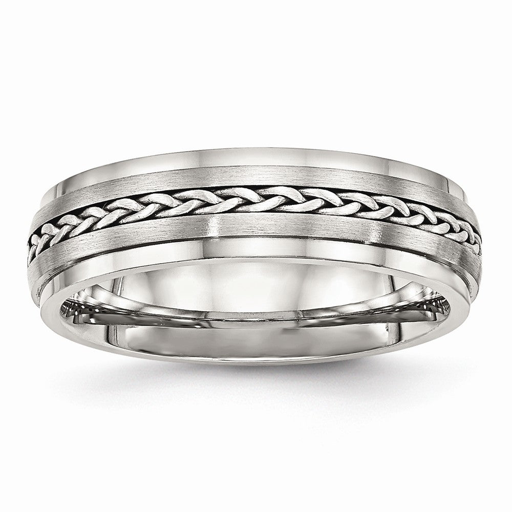 Stainless Steel Wedding Band with Silver Braid Inlay and Polished Finish - 8