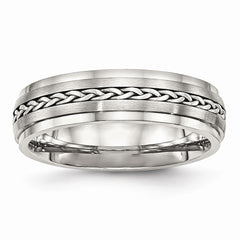 Stainless Steel Wedding Band with Silver Braid Inlay and Polished Finish - 8