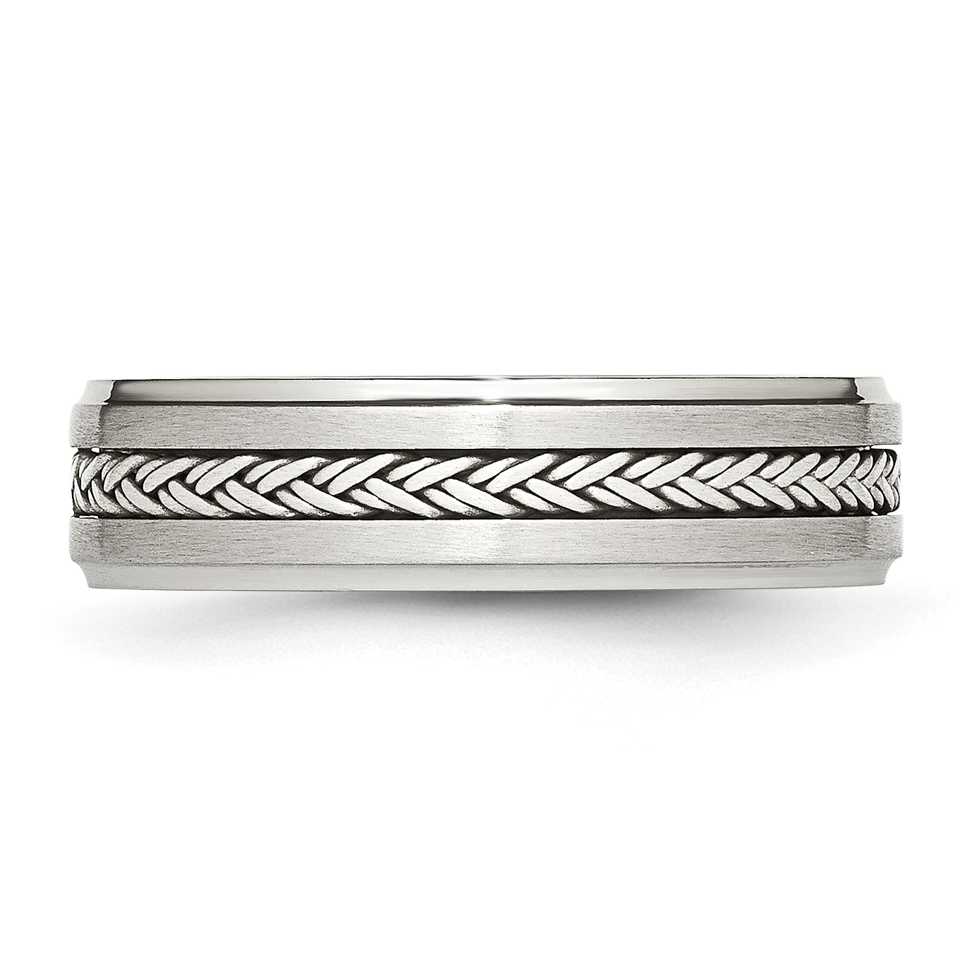 Stainless Steel WithSterling Silver Braid Inlay Brushed/Polished 6mm Band