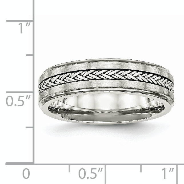 Stainless Steel WithSterling Silver Braid Inlay Brushed/Polished 6mm Band