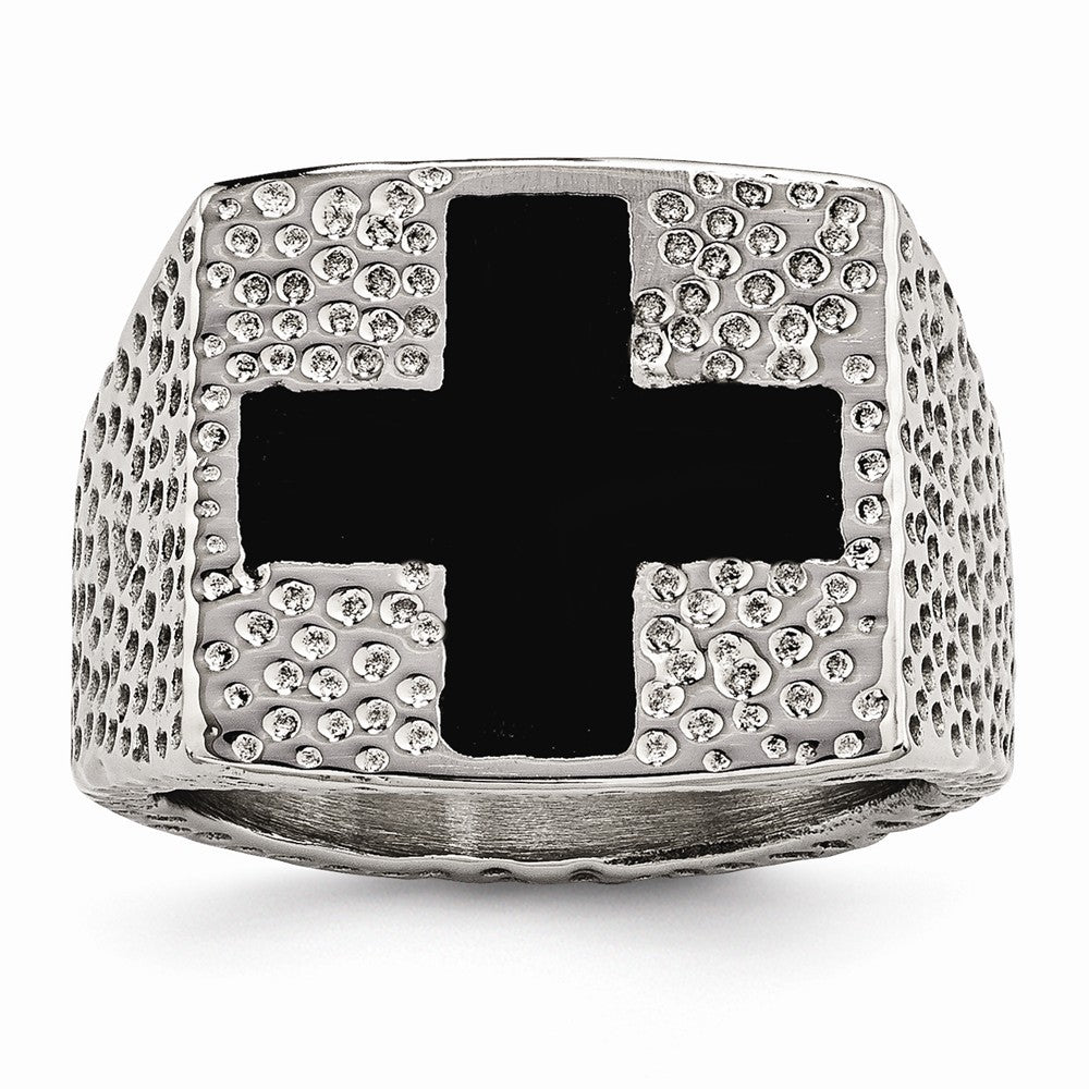 Stainless Steel Men's Ring with Polished Black Enamel Cross Design Main image