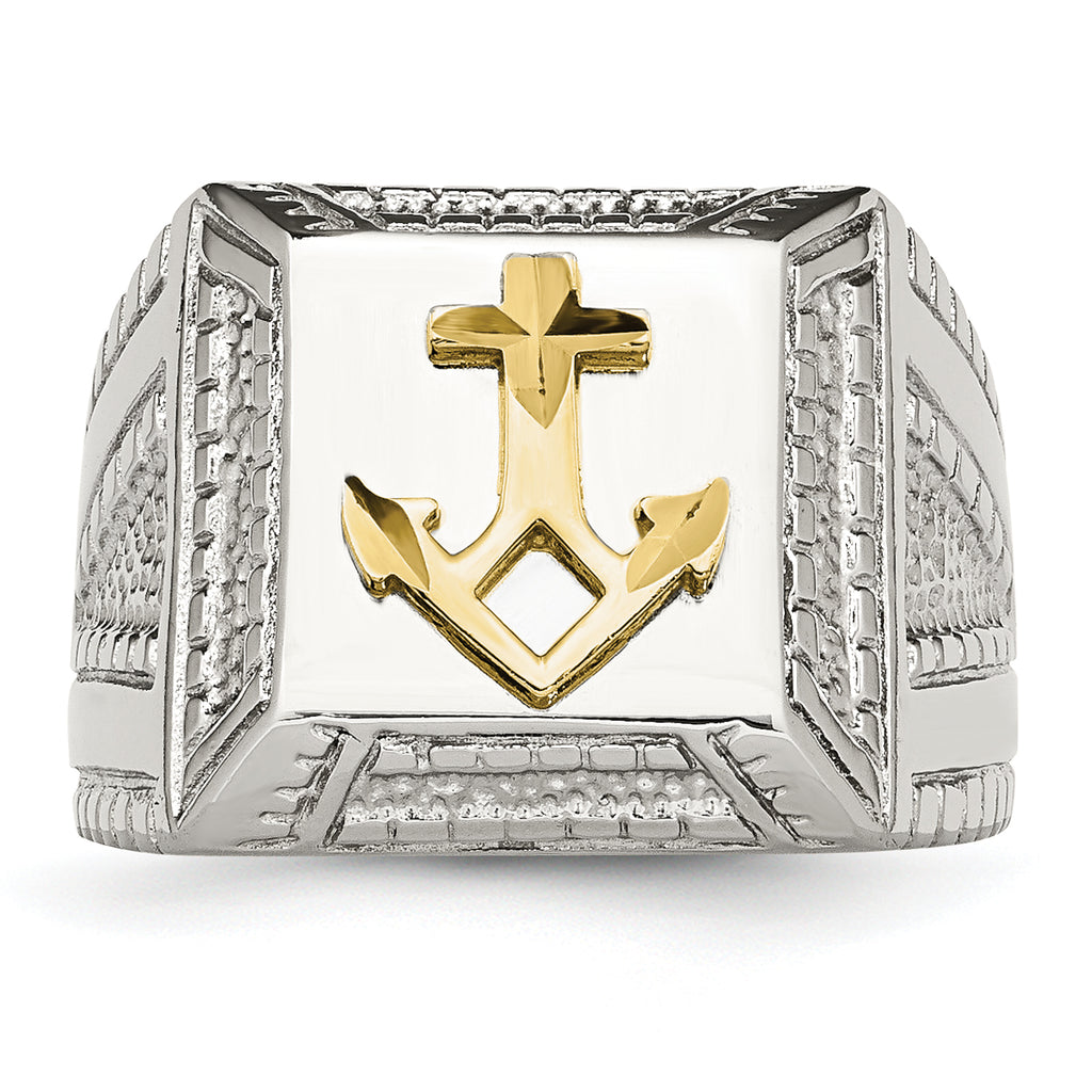 Stainless Steel Polished WithSterling Silver Yellow IP-plated Anchor Ring