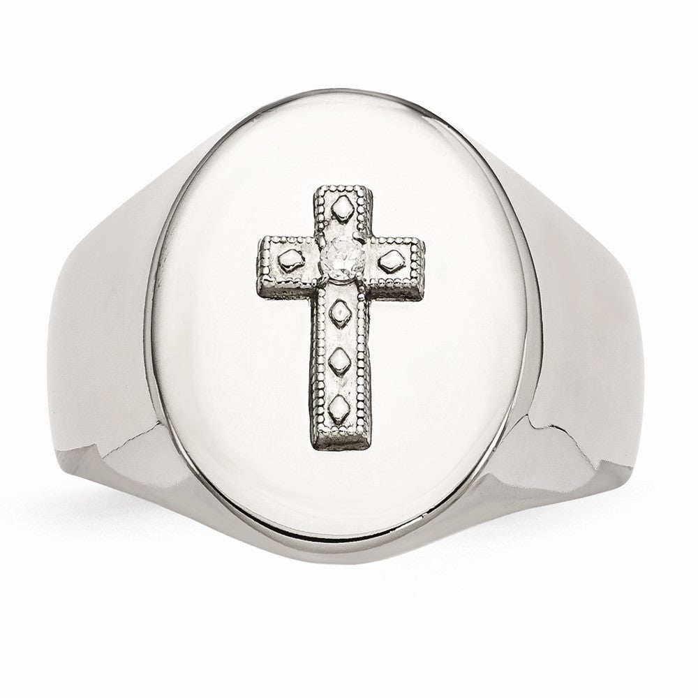 Stainless Steel Polished Cross CZ Signet Ring