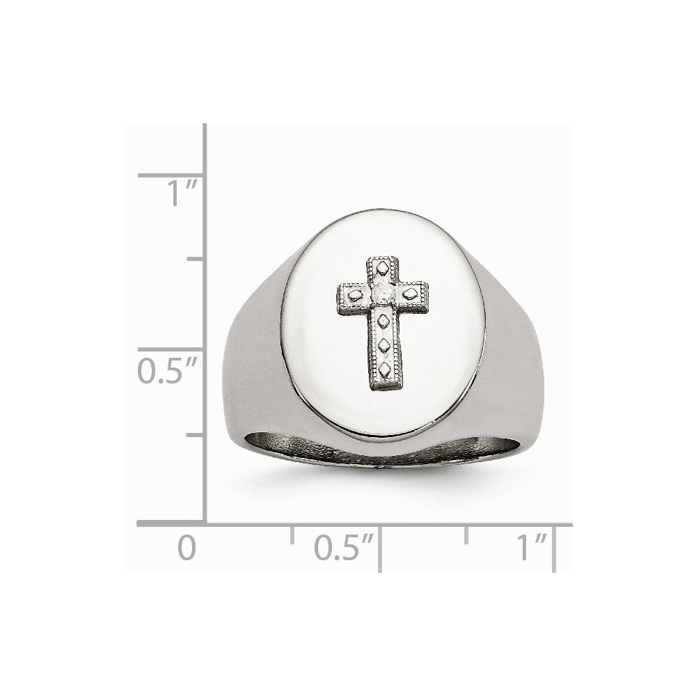 Stainless Steel Polished Cross CZ Signet Ring