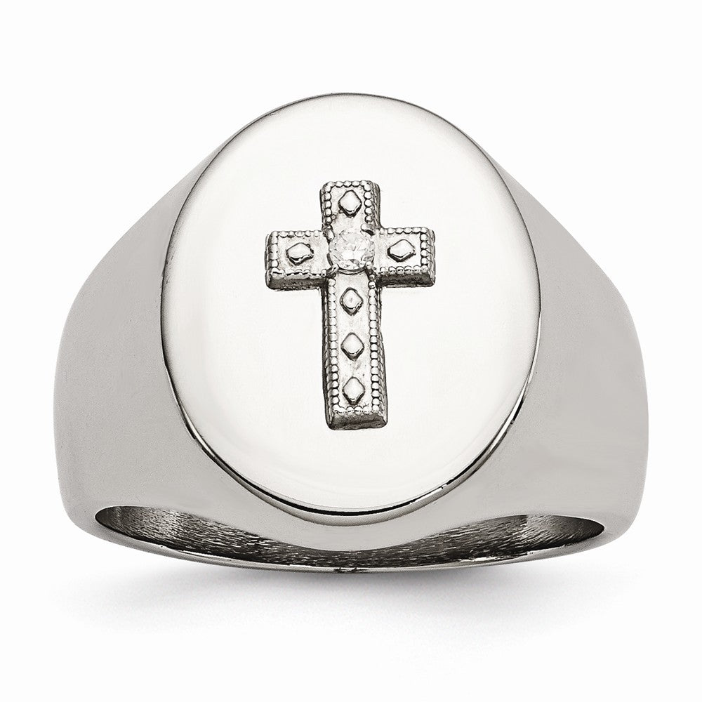 Stainless Steel Polished Cross CZ Signet Ring