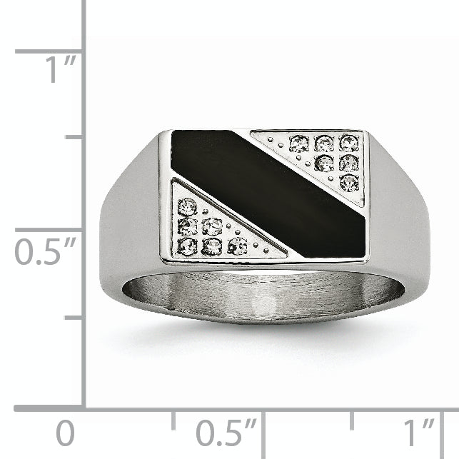 Stainless Steel Polished Black Enameled CZ Signet Ring