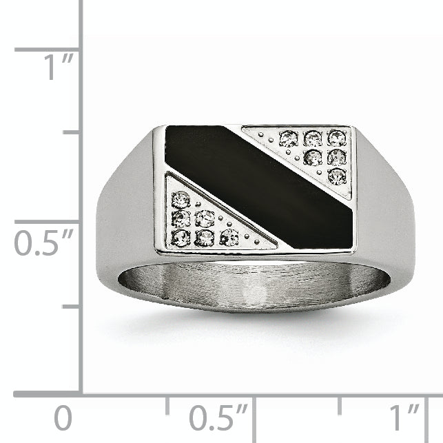Stainless Steel Polished Black Enameled CZ Signet Ring