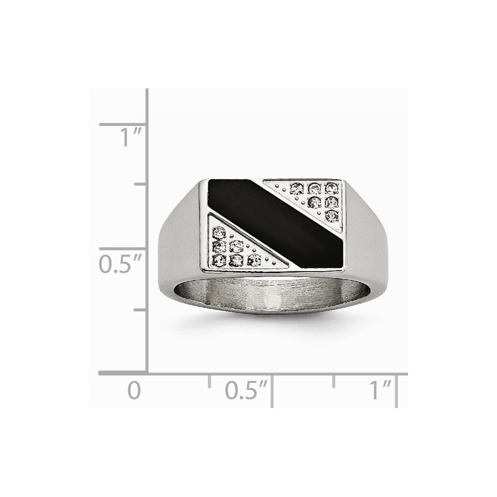 Stainless Steel Polished Black Enameled CZ Signet Ring