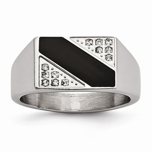 Men's Black Enamel Cubic Zirconia Signet Ring in Stainless Steel, Size 11 - Sophia Jewelers