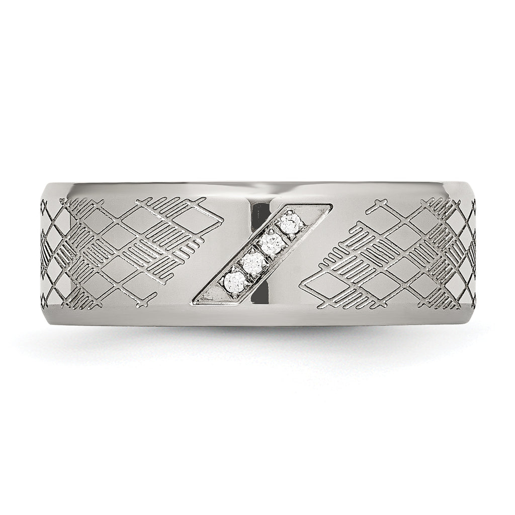 Polished & Textured CZ Wedding Band in Stainless Steel, 8mm