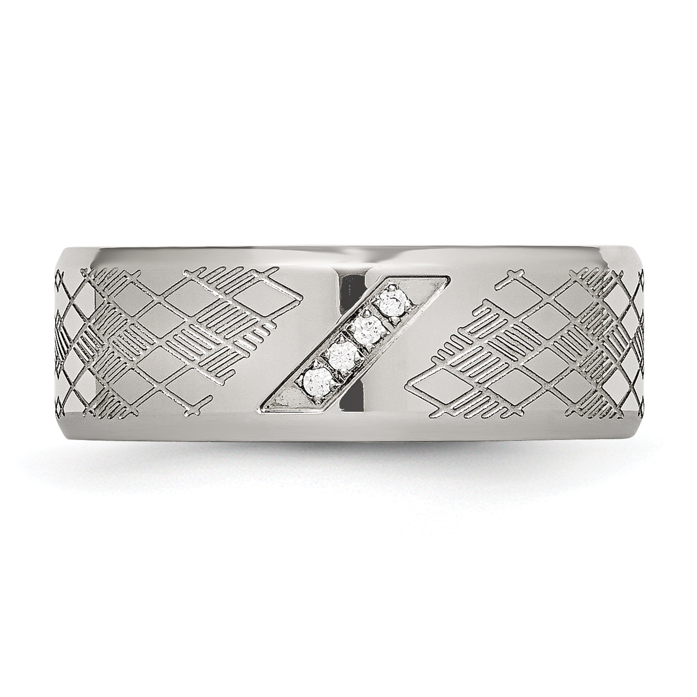Polished & Textured CZ Wedding Band in Stainless Steel, 8mm