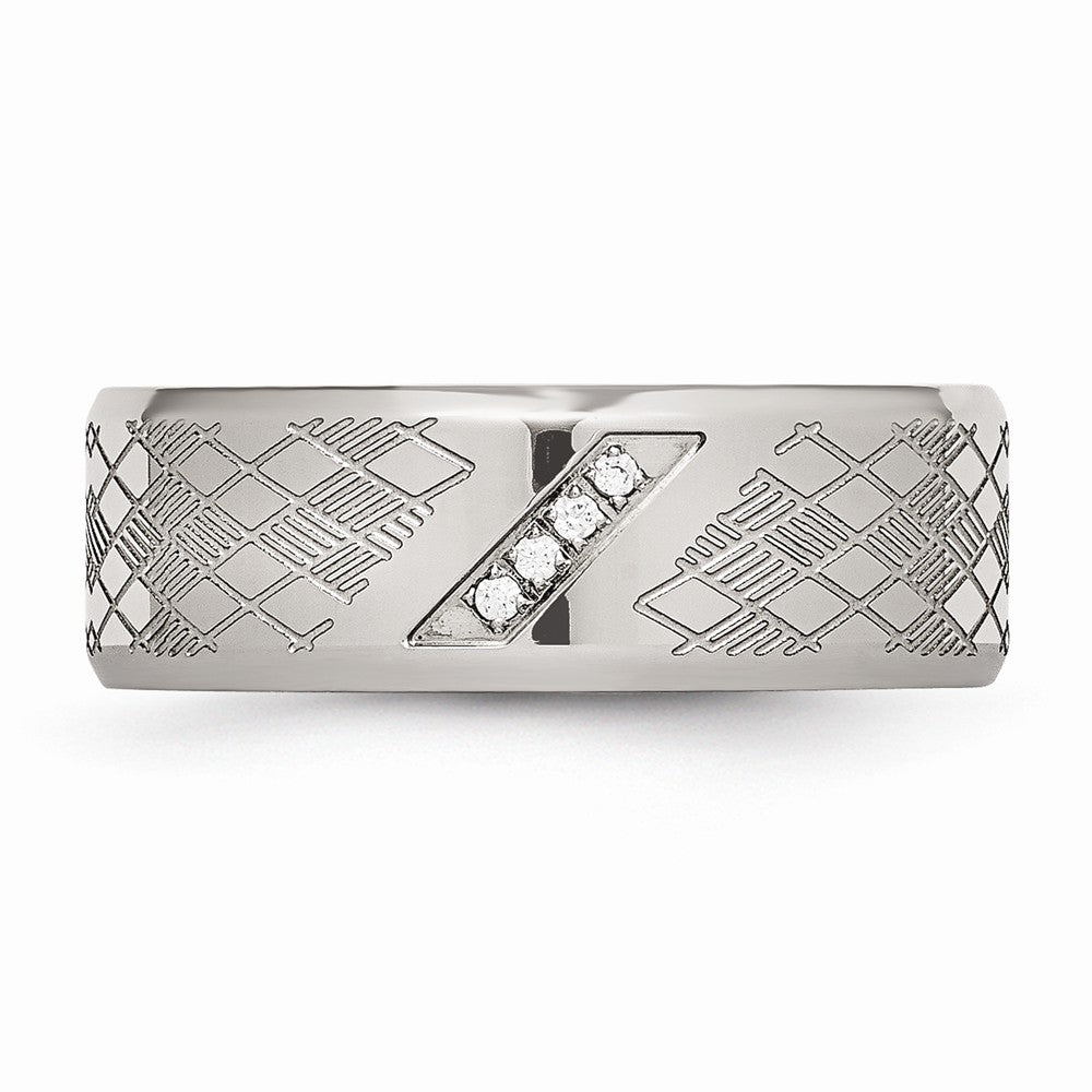 Polished & Textured CZ Wedding Band in Stainless Steel, 8mm