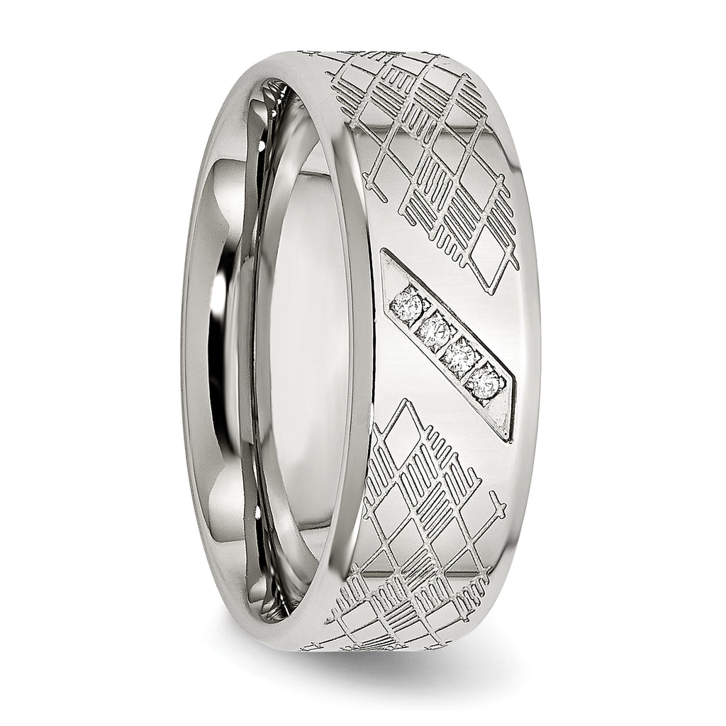 Polished & Textured CZ Wedding Band in Stainless Steel, 8mm