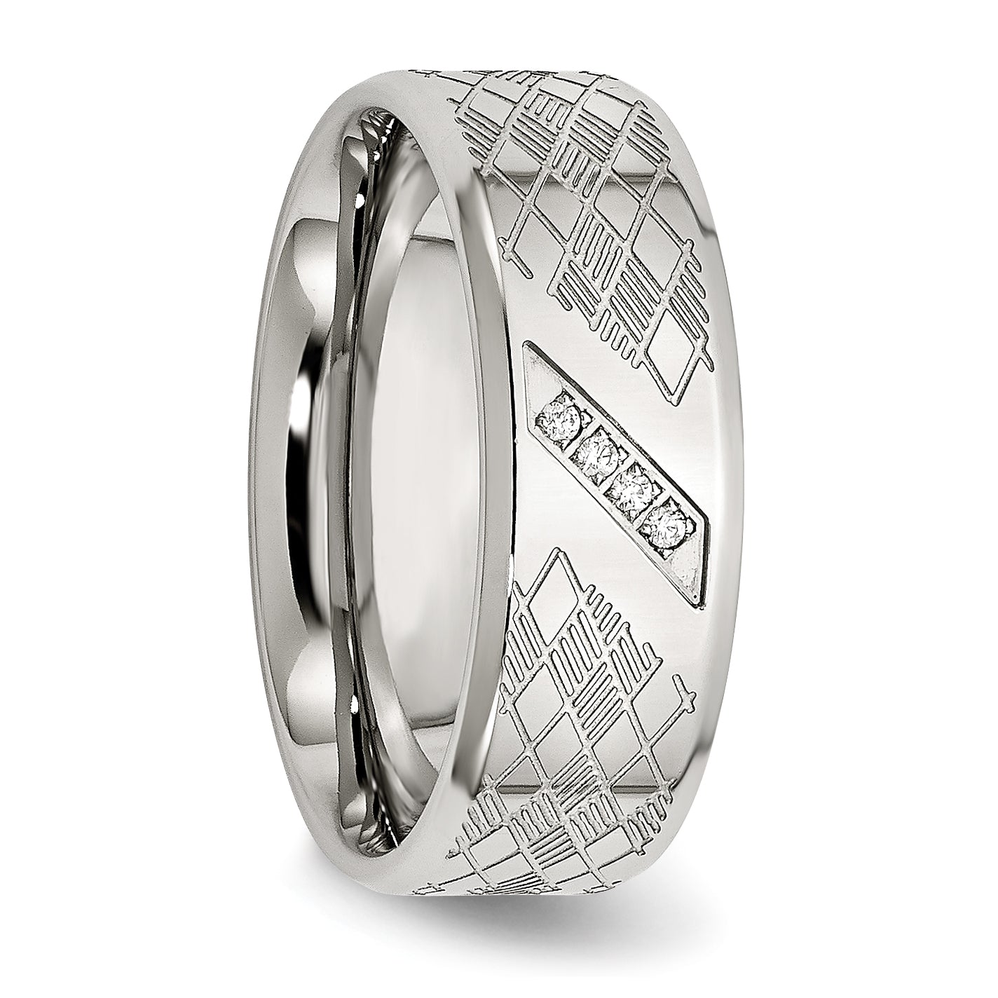Polished & Textured CZ Wedding Band in Stainless Steel, 8mm