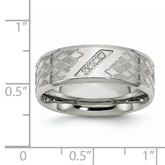 Polished & Textured CZ Wedding Band in Stainless Steel, 8mm