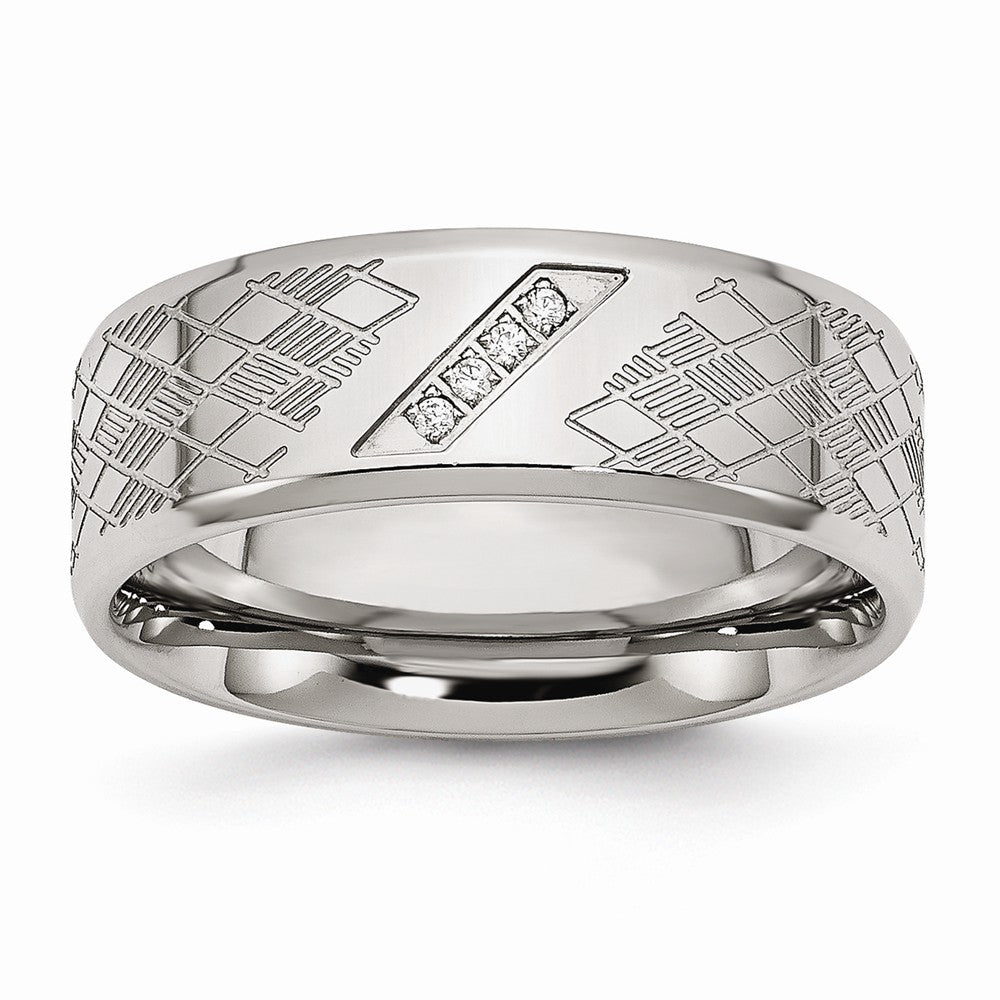 Polished & Textured CZ Wedding Band in Stainless Steel, 8mm
