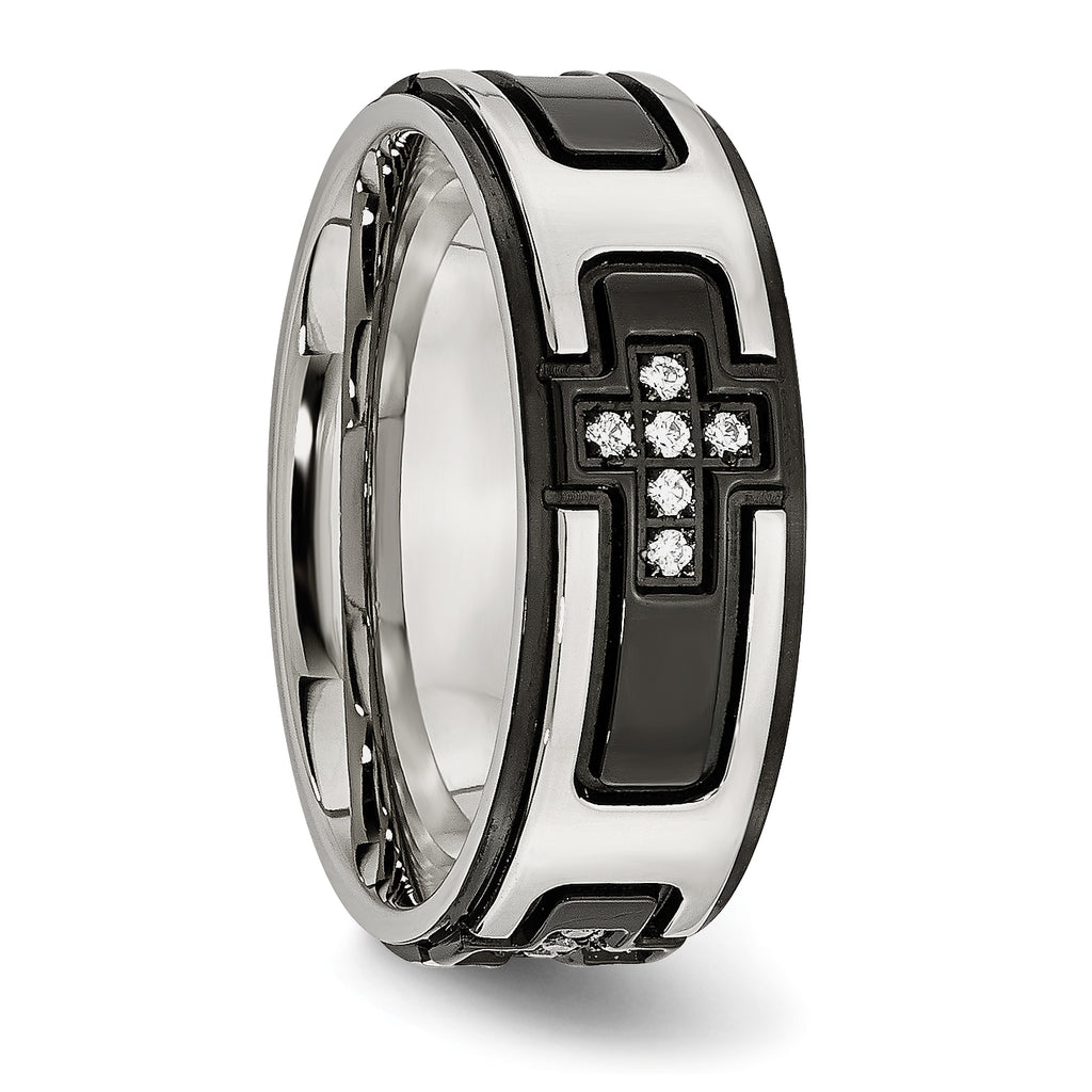 Black Cross CZ Wedding Band in Stainless Steel, 8mm