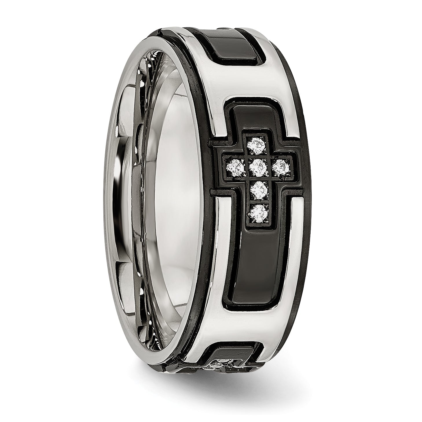 Black Cross CZ Wedding Band in Stainless Steel, 8mm