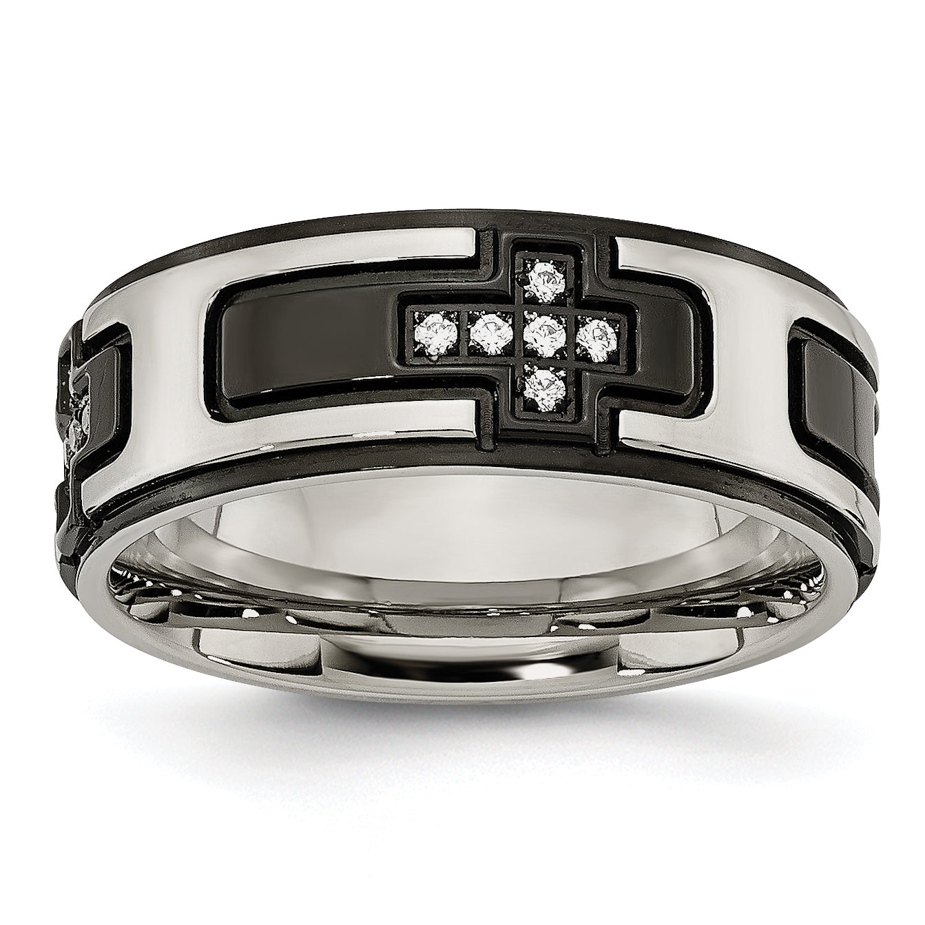 Stainless Steel Polished Black IP-plated with CZ Cross 8mm Band