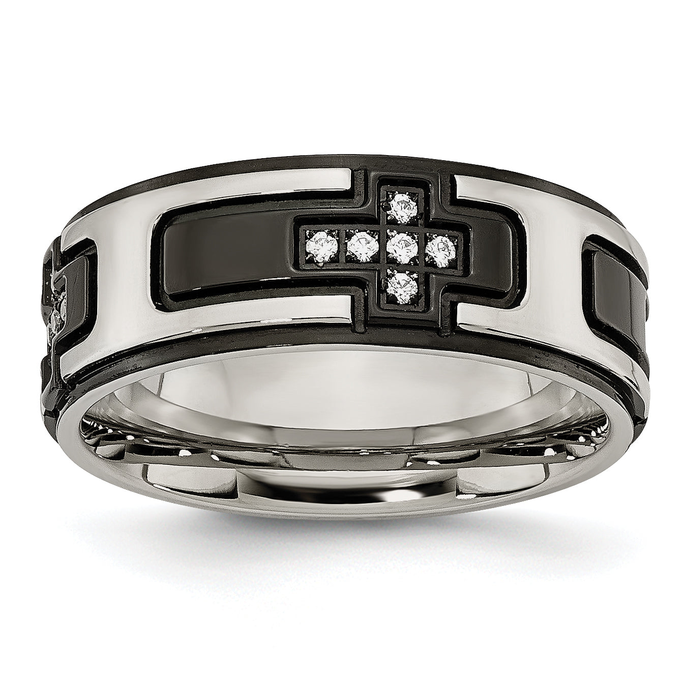 Stainless Steel Polished Black IP-plated with CZ Cross 8mm Band Main image