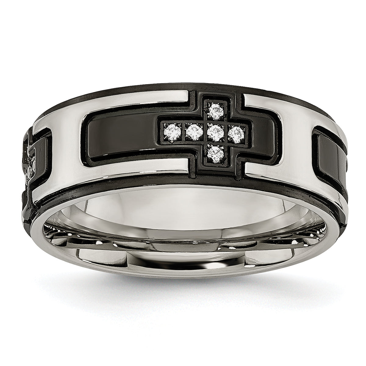 Stainless Steel Polished Black IP-plated with CZ Cross 8mm Band