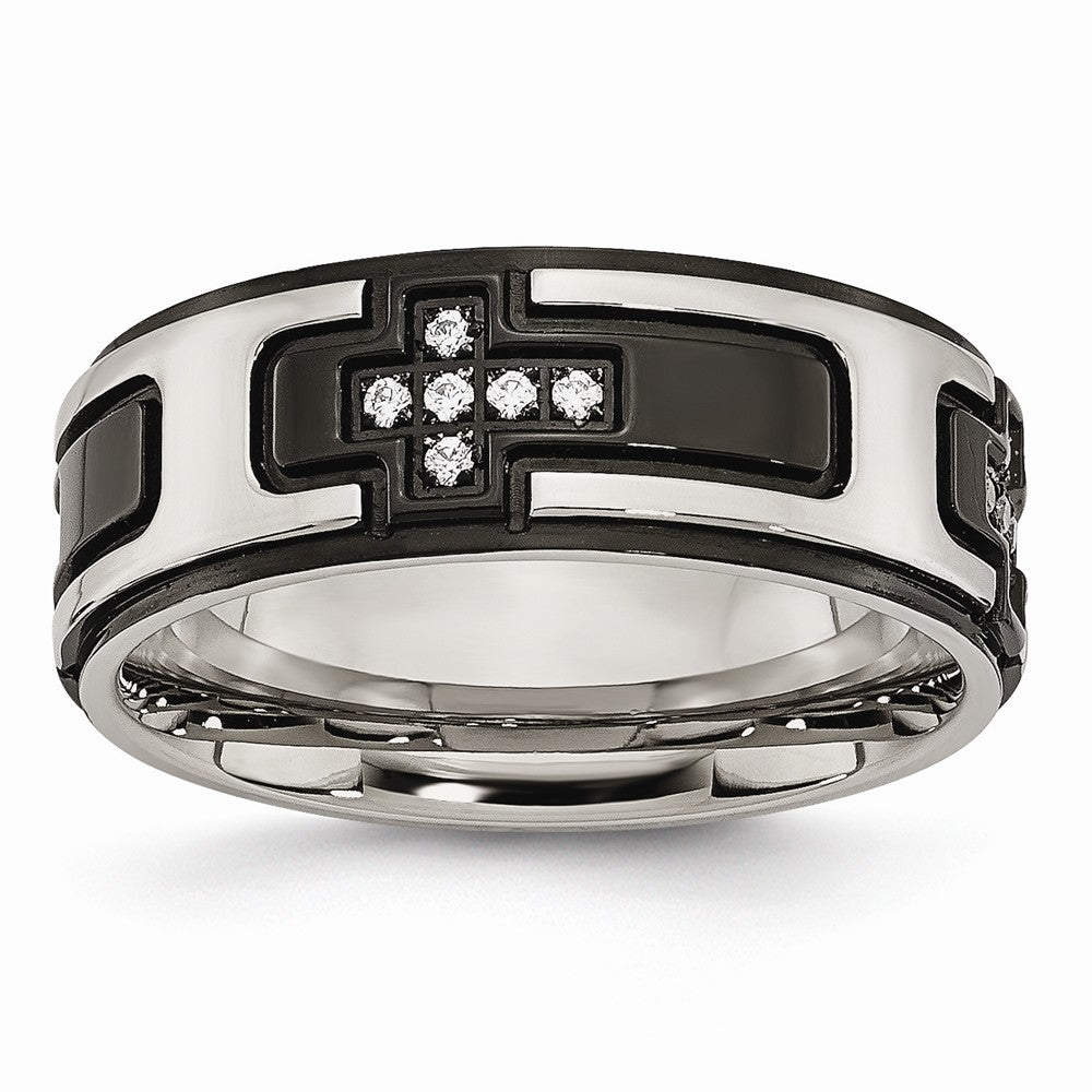 Stainless Steel Polished Black IP-plated with CZ Cross Band