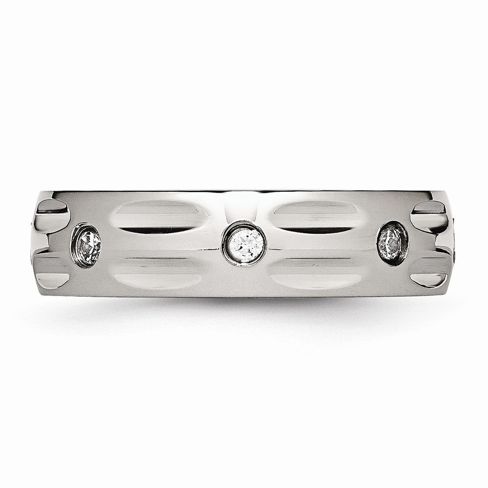 Sophia Jewelers Polished Stainless Steel Grooved CZ Wedding Band - 6