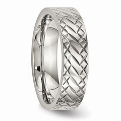 Stainless Steel Wedding Band with Polished Textured Finish - 7 - 7