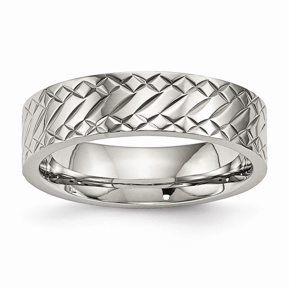 Stainless Steel Wedding Band with Polished Textured Finish - 7 - 7