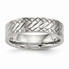 Stainless Steel Wedding Band with Polished Textured Finish - 7 - 7