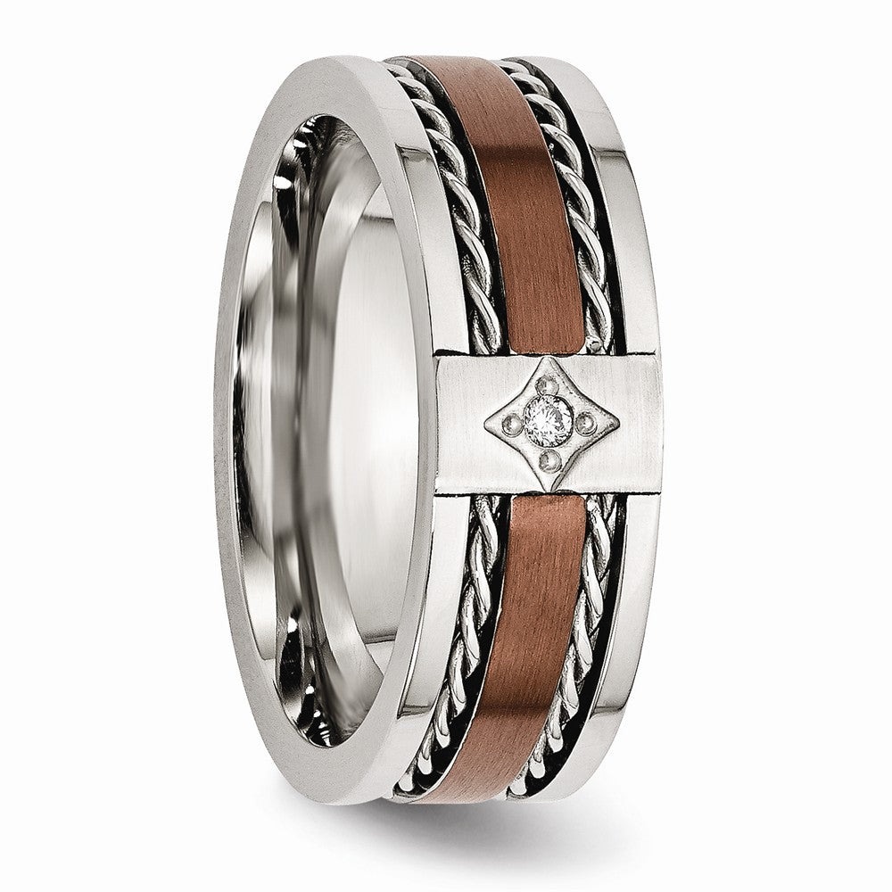 Stainless Steel Brown IP-Plated Wedding Band with Diamonds, Engravable & Polished Finish