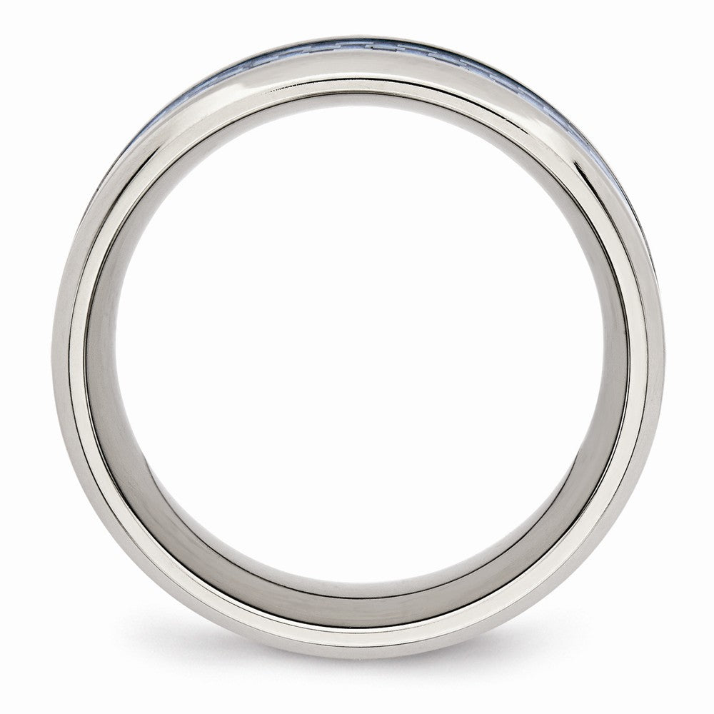 Stainless Steel Wedding Band with Polished Blue Carbon Fiber Inlay - 7 - 7