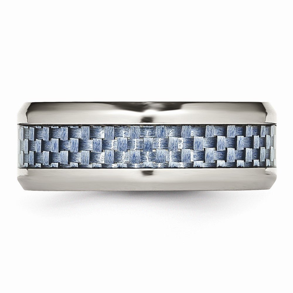 Stainless Steel Wedding Band with Polished Blue Carbon Fiber Inlay - 7 - 7