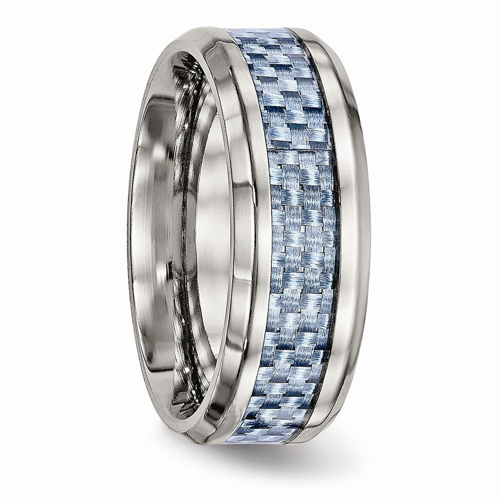 Stainless Steel Wedding Band with Polished Blue Carbon Fiber Inlay - 7 - 7