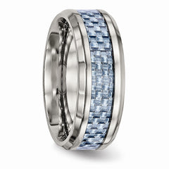 Stainless Steel Wedding Band with Polished Blue Carbon Fiber Inlay - 7 - 7