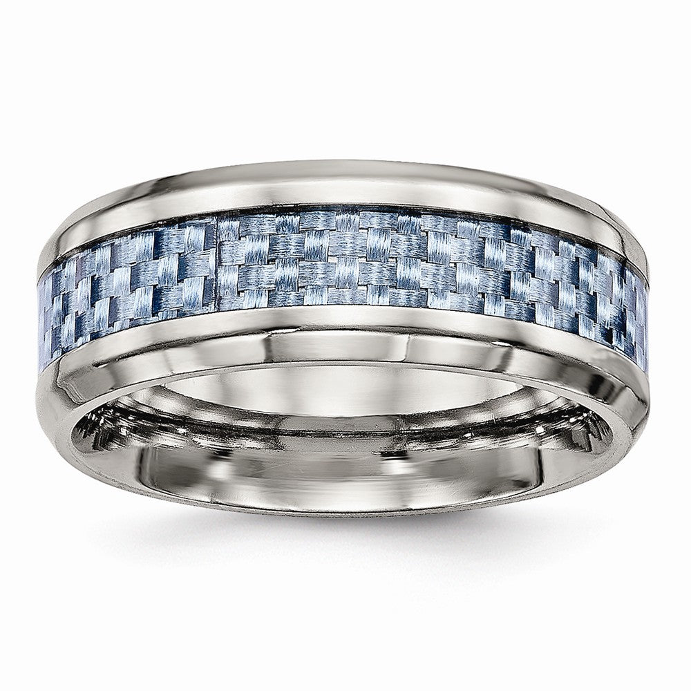 Stainless Steel Wedding Band with Polished Blue Carbon Fiber Inlay - 7 - 7