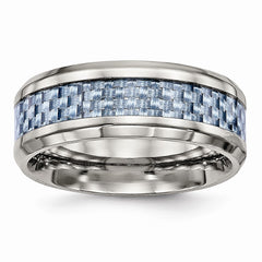 Stainless Steel Wedding Band with Polished Blue Carbon Fiber Inlay - 7 - 7