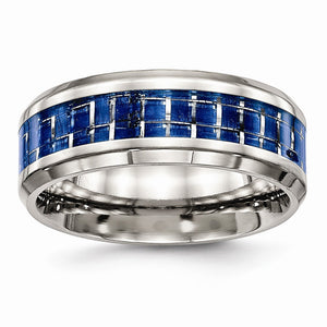 Blue Carbon Fiber Inlay Wedding Band in Stainless Steel, 8mm - Sophia Jewelers