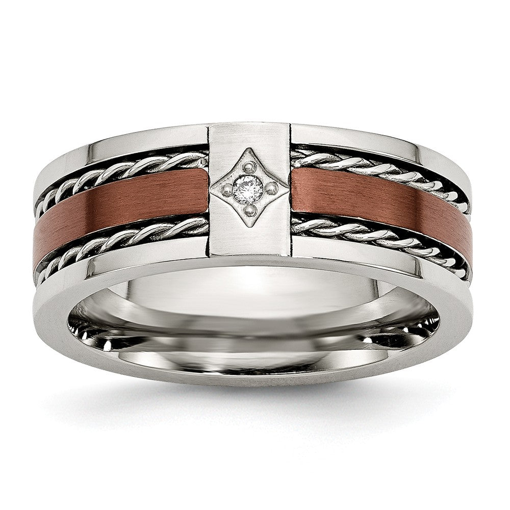 Stainless Steel Brown IP-Plated Wedding Band with Diamonds, Engravable & Polished Finish - 8